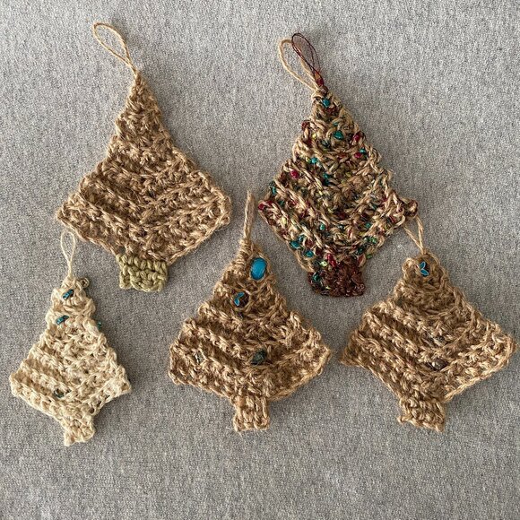Handmade Crochet Cream Tan Jute Christmas Tree Hanging Decorations Set of 5 - Picture 2 of 9